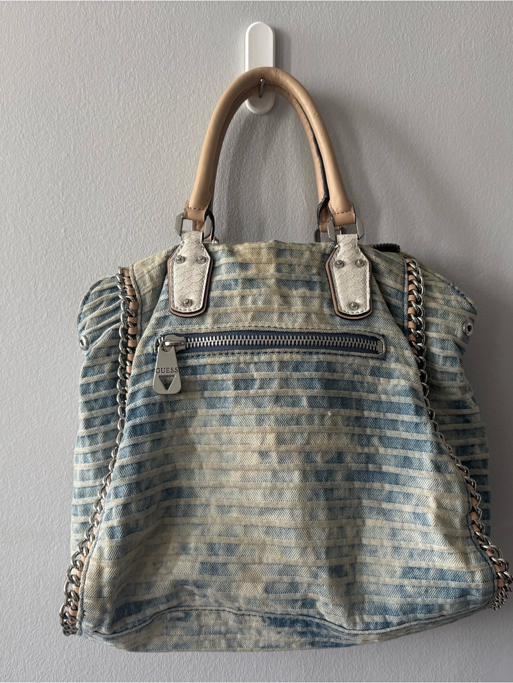 Guess Denim-Striped Light Blue Tote with Tan Handles - Picture 3 of 13